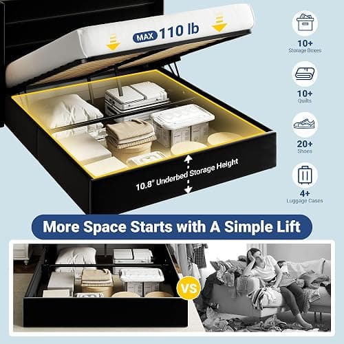 Allewie Queen Size Velvet Lift Up Storage Bed, Modern Wingback Headboard, Hydraulic Support, No Box Spring Needed, Black thumbnail 3