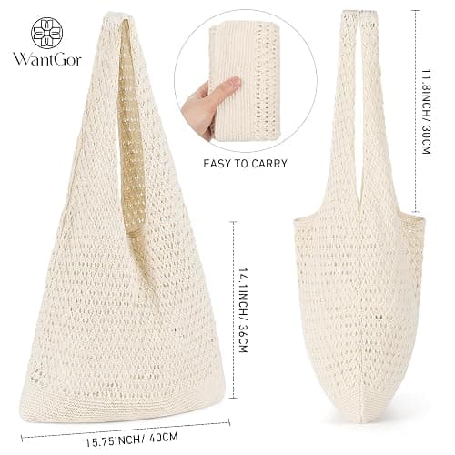 WantGor Crochet Bags, Beach Mesh Tote Bag Womens Shoulder Shopping Handbag Casual Travel Totes Bag Foldable Hobo Bags thumbnail 2