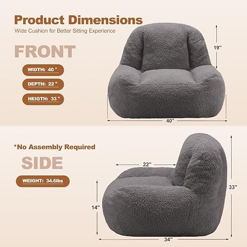 Homguava Bean Bag Chair Sherpa Bean Bag Lazy Sofa Beanbag for Adults, Teens with High Density Foam Filling Modern Accent Comfy Chair for Living Room, Bedrooms thumbnail 2