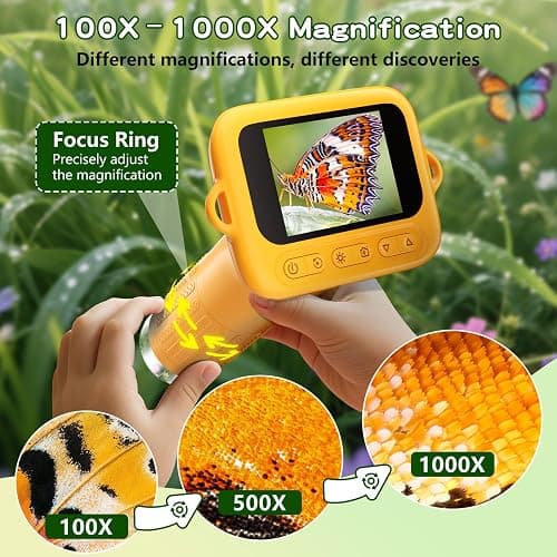 Odatay Microscope for Kids with 12 Slides, Digital Handheld Kids Microscope, Mini Portable Pocket Miniscope Science Toys Gifts for 3+ 4 5 6 7 8 9 10 11 12 Year Old Boys Girls, Orange thumbnail 4