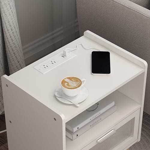 MMEOLUOOK Nightstand with Charging Station, Bedside Tables with Glass Decorative Door, End Table Side Table with 2 Tiers Storage Space, for Bedroom, Living Room, White CAMLBZ07WE thumbnail 5