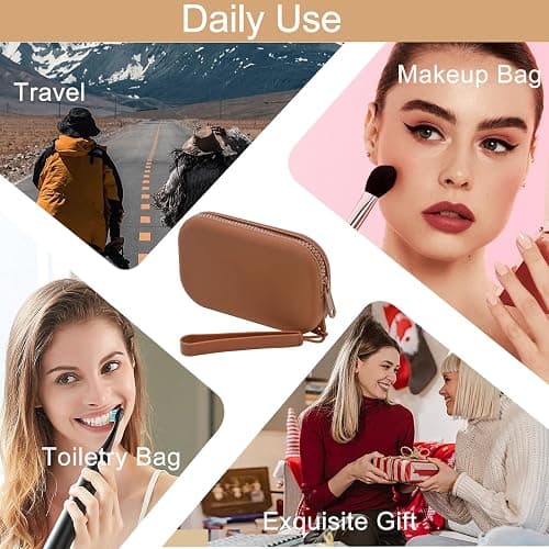 HHQQWZ Portable Silicone Makeup Bag for Women, Small Travel Waterproof Toiletry Cosmetic Bag, Zipper Closure Organizer Makeup Case with Handle (Brown) thumbnail 6