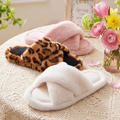 Snug Leaves Women's Fluffy Open Toe Slippers Cross Band Indoor Outdoor | Non-slip Sole, Faux Fur, Soft, Cute, Memory Foam, Lightweight, Cozy Comfy, Machine Washable, House, Bedroom Slip-on thumbnail 3