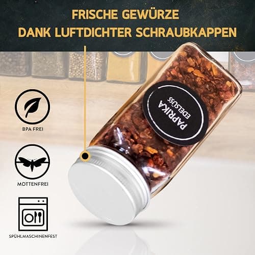 Cuccinara® 24 Gewürzgläser Eckig 120ml mit 210 Etiketten, Aluminiumdeckel & Streueinsätzen (grob & fein) - Luftdichte Gewürzdosen inkl. Trichter, Permanentmarker & Bürste - Spülmaschinenfest thumbnail 6