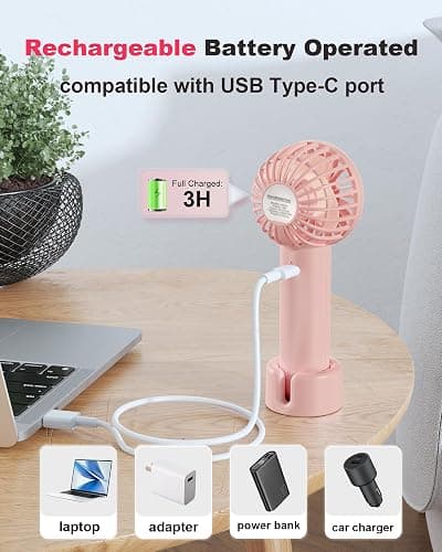 Coohea Mini Handheld Fan, Small Cute Design, 3 Powerful Speeds, USB Rechargeable Battery Operated, Personal Portable Fan with Base & Lanyard, for Eyelash Makeup Travel Beach Office Desk, Pink thumbnail 4