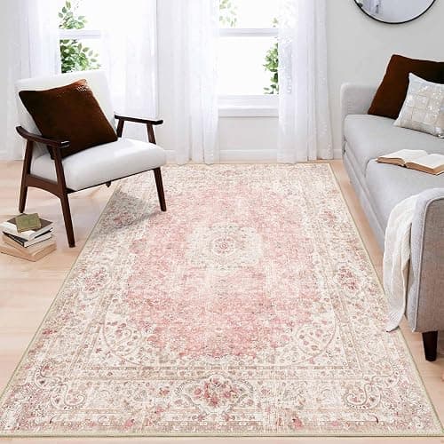 Castage Pink Rug 4'x6.5',Washable Area Rugs for Bedroom Living Room Kitchen Entryway,Small Boho Vintage Bohemian Distressed Non Slip Carpet,Blush thumbnail 2