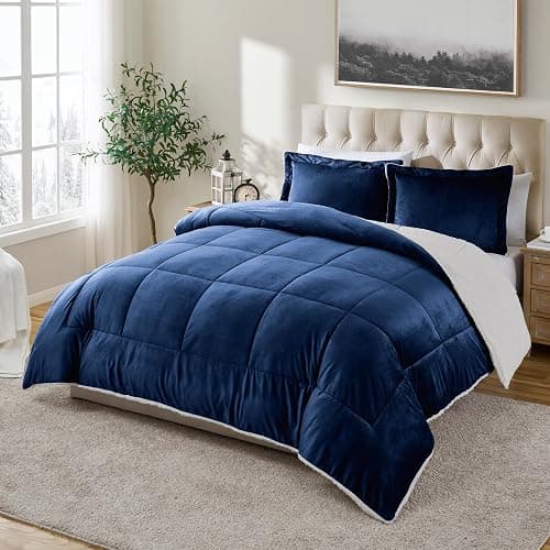 Cathay Home Twin Comforter Set: Ultra Soft and Plush Reversible Micromink and Sherpa 2-Piece Bedding Set, Navy, Twin (66" x 86") - Image 1