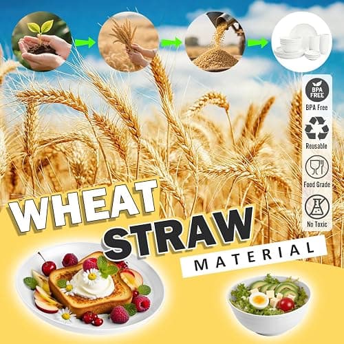 Perlapoc Wheat Straw Plates and Bowls Sets of 16，Unbreakable Dinnerware Sets for 4, Microwave & Dishwasher Safe Kids Dish Set for Kitchen, Outdoor, Camping, Party, RV- White thumbnail 6