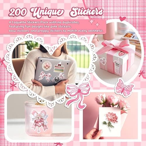 200 PCS Coquette Stickers, Pink Aesthetic Waterproof Vinyl Stickers for Girls, Preppy Sticker for Laptop, Water Bottles, Guitar Computer thumbnail 7