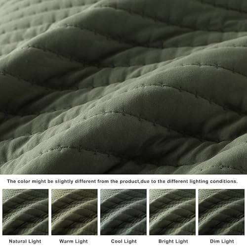 ROARINGWILD Olive Green King Size Quilt Set, Striped Pick Stitch Lightweight Bedspread, Soft Channel Farmhouse Rustic Coverlet, Spring Summer Thin Comforter, Country Bedding, 104x90 inches thumbnail 5