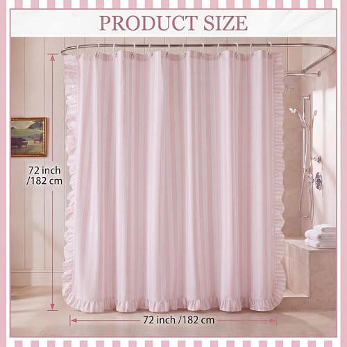 *BOUGHT* Pink Striped Shower Curtain with Ruffle Edge Cotton-Textured Shower Curtain 72x72 Inches Vintage Country Style Fabric Bath Decoration for Farmhouse Bathroom thumbnail 2
