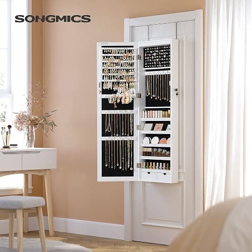 SONGMICS 6 LEDs Mirror Jewelry Cabinet, 47.2-Inch Tall Lockable Wall or Door Mounted Jewelry Armoire Organizer with Mirror, 2 Drawers, 3.9 x 14.6 x 47.2 Inches, White UJJC93W thumbnail 2