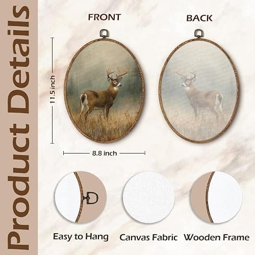 fZSZSD Rustic Farmhouse Deer Oval Wall Art Decor, Vintage Country Deer Oval Framed Canvas Art Prints, Moody Cottagecore Wild Animal Wall Hanging Decor for Home Bedroom Living Room, 8.5x11.5 Inch thumbnail 7