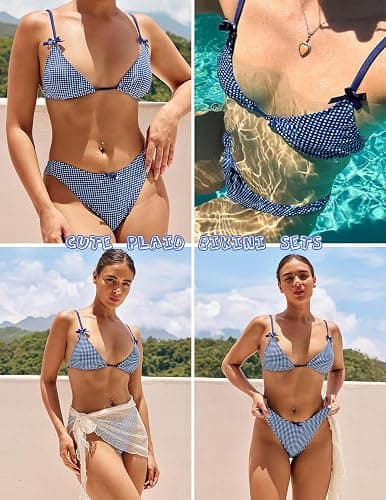 seamoly Women's Bikini Sets Tie Back Bowknot Two Piece Swimsuits Triangle Thong Bathing Suit Gingham Floral Cherry Printing thumbnail 6