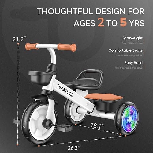 Umatoll Tricycle for Toddlers 2-5 Year Old, Ajustable Toddler Bike Outdoor Toys, Birthday Gift for Boy Girl Age 2-4, Trike with Light up Wheels thumbnail 2