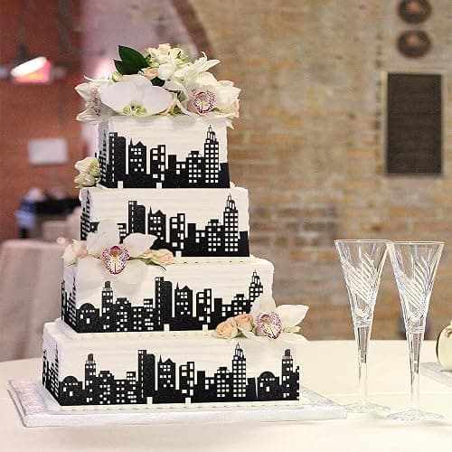 12 PCS City Cake Border Decoration Black Glitter Nighttime City Skyline Stick On or Lay On Building Images Lighted Backdrop Wrapper for New York Skyscraper Birthday Party Cake Decorations Supplies thumbnail 6