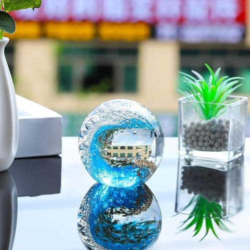 Enjinkail Hand Blown Ocean Waves Crystal Ball - Glass Collectible Figurines Spere - Paperweight Glass Ball Aquarium DecorOffice Decor Ocean Lovers thumbnail 2