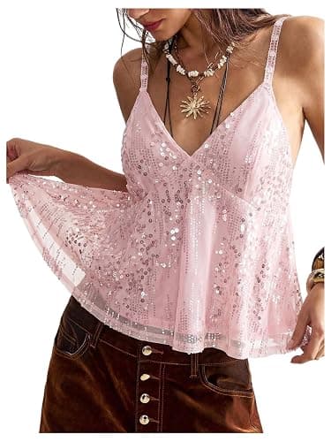 Verdusa Women's Y2K Sequin Mesh Babydoll Tops Sleeveless Backless Flowy Camisole Tops Club Outfits - Image 1