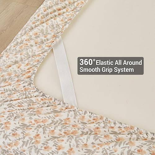Viviland Floral Queen Sheet Set - 4 Piece Vintage Light Orange Flower Patterned Bed Sheets - Soft, Breathable Microfiber Sheets with Deep Pocket, Non-Slip Fitted Sheets & Pillowcases thumbnail 4