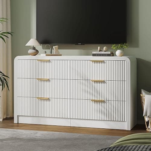 Decofy Fluted 6 Drawers Dresser for Bedroom, 55 Inch Wood Dressers with Gold Handles, Modern Dressers with Wave Texture, Large Storage Chest of Drawers, Bedroom Dresser Organizer (Pure White) thumbnail 5