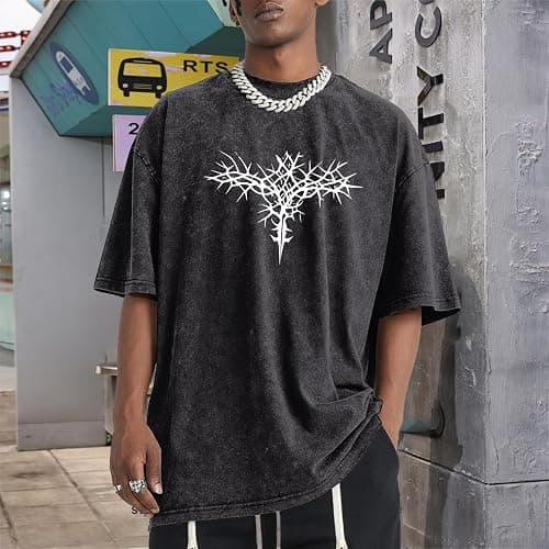 BeWithYou Vintage Goth Shirt for Men Oversized Gothic Y2k Graphic Tees Punk Grunge Streetwear Skull Cross Acid Wash Tshirts thumbnail 2