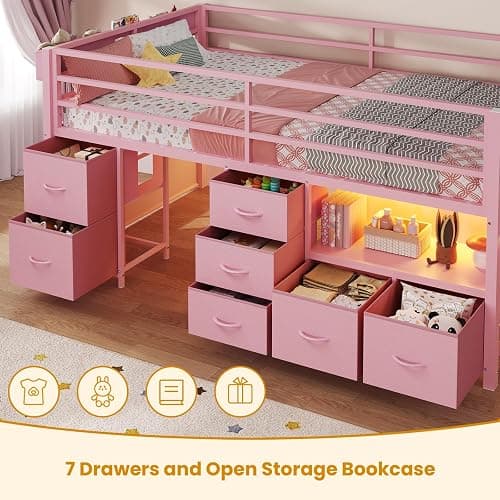 ADORNEVE Low Loft Bed Twin Size with 7 Storage Drawers, Bookcase and LED Lights, Metal Kids Loft Bed with 14" H Safety Guardrail,Inclined Ladder and Play Curtain, Under-Bed Play Space,Pink thumbnail 4