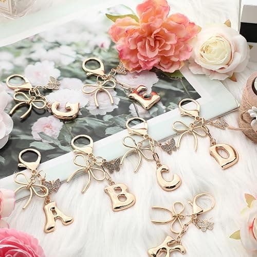 Sylixonae Bubble Initial Keychain with Bow & Butterfly - Gold Letter Bag Charms for Women, Cute Purse Handbag Accessories thumbnail 6