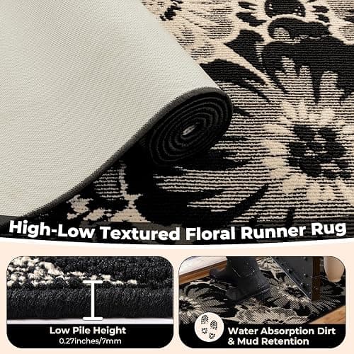 Findosom Hallway Runner Rug 2x8, Non Slip High-Low Textured Floral Washable Runner Rug with Rubber Backing, Boho Carpet Runner for Kitchen, Entryway, Bedroom, Laundry, Black & Beige thumbnail 4