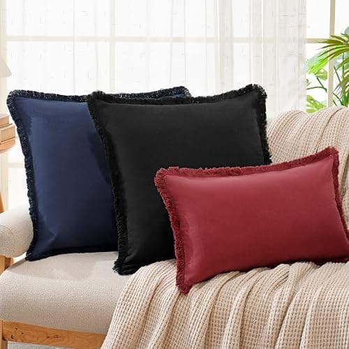 ZWJD Pillow Covers 18x18 Set of 2 Navy Throw Pillow Covers with Fringe Chic Cotton Decorative Pillows Square Cushion Covers for Sofa Couch Bed Living Room Farmhouse Boho Decor thumbnail 3