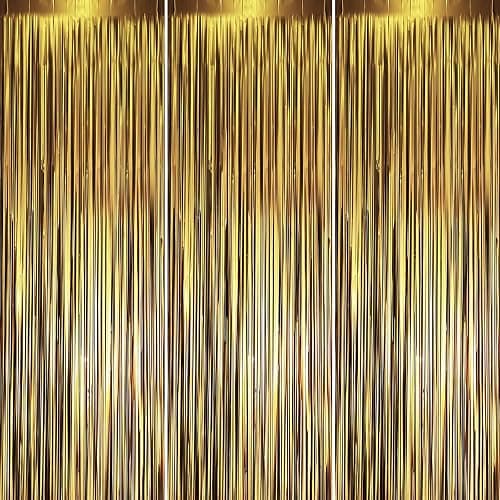 Voircoloria 3 Pack 3.3 x 8.2 ft Matte Gold Foil Fringe Backdrop Curtains, Tinsel Streamers Party Decorations, Fringe Backdrop, Door Shimmer for Graduation, New Years Eve, Birthday Party - Image 1