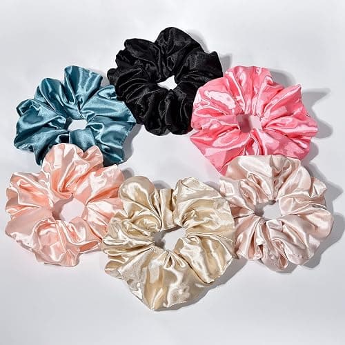 CEELGON Big Real Silk Scrunchies for Hair Satin Oversized for Sleep Large Scrunchie for Curly Hair Silk Thick Elastic Hair Ties Jumbo Hair Scrunchies 6 Pack (black, champagne, pink,khaki, blue, shell pink) - Image 1