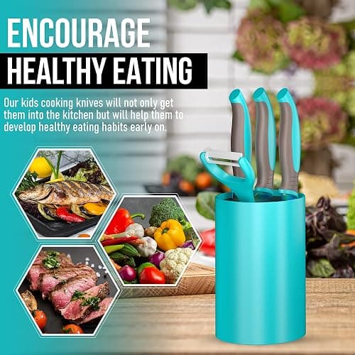 TruChef 5-Piece Kids Cooking Chef Knife Set | Real Stainless Steel Knives with Peeler, Serrated Knife & Holder | Kids Safe Rounded Tips, Easy-Grip Handles | Kitchen Knife Set (5 pcs, Aqua) thumbnail 5