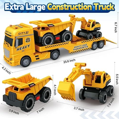 SpringFlower 3 4 5 6 Toddler Boy Toys, 25" Construction Carrier Toy with Excavator and Dump Truck,3 in 1 Truck, Christmas Birthday Gifts for Kids 3 4 5 6 Years Old thumbnail 2