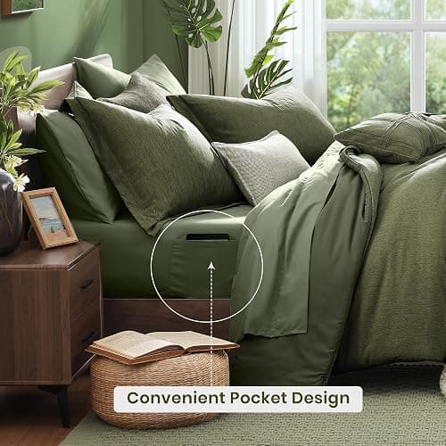 Monbix Twin XL Comforter Set Olive Green, Cationic Dyeing Bedding Set Reversible 5 Pieces, All Season Bed in a Bag with Comforter, Sheets, Pillowcase & Sham thumbnail 4