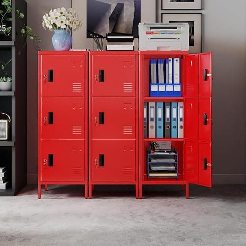 SUPEER Metal Storage Locker with Ventilation Holes, Metal Storage Locker with Lock and Card Slot for School, Office, Home,47.3" H x 15.8" W x 15.8" D,Assembly Required,Red thumbnail 5