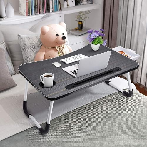 Slendor Lap Desk with Tablet Slot, Foldable Laptop Table with Storage Drawer for Bed，Portable Bed Desk for Laptop, Computer Tray with Cup Holder Notebook Stand Reading Holder for Couch Floor, Black thumbnail 4