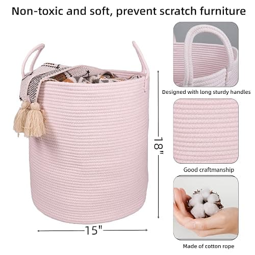 XUANGUO Cotton Rope Laundry Basket Hamper for Girls Kids Baby Nursery Hamper Bin Woven Storage Basket for Living Room Girls room Boho Tall Rope Baskets for Blanket Toys Large light pink thumbnail 3