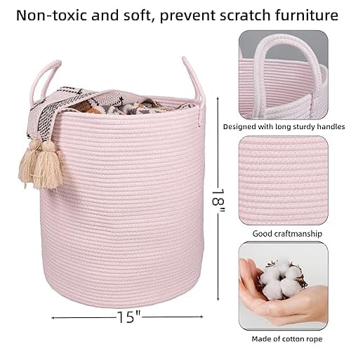 XUANGUO Cotton Rope Laundry Basket Hamper for Girls Kids Baby Nursery Hamper Bin Woven Storage Basket for Living Room Girls room Boho Tall Rope Baskets for Blanket Toys Large light pink thumbnail 4