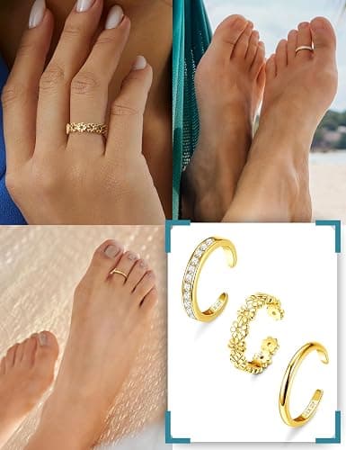 FIASASO 3Pcs Gold Filled Toe Rings for Women Non Tarnish 14K Gold Filled Toe Ring Adjustable Flower Cz Dainty Toe Ring Summer Beach Open Toe Rings Set Toe Jewelry Foot Jewelry thumbnail 3