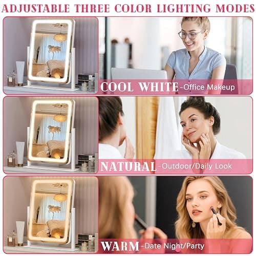 ROLOVE Vanity Mirror with Lights, 12.6"x15" LED Makeup Mirror with Lights, Smart Touch Control 3 Color Dimmable, Lighted Desk Mirror for Bedroom, Light Up Mirror thumbnail 3