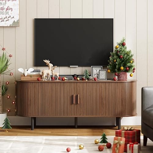 ONBRILL 55" TV Stand with Power Outlet for TVs up to 60 Inch, Entertainment Center with Storage and Adjustable Shelves, Modern Media Console with Sliding Doors for Living Room, Walnut - Image 1