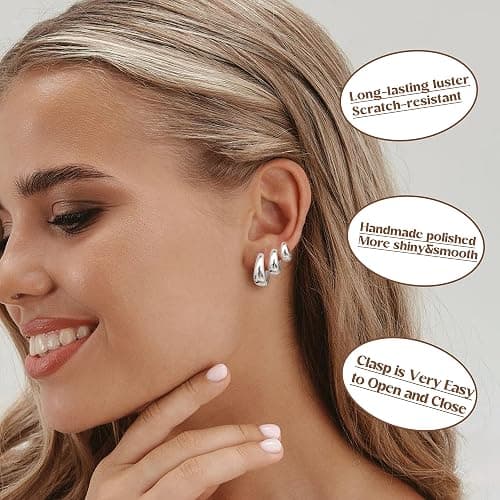 BESTEEL 3Pairs 14K Gold Plated Hoop Earrings Set for Women Chunky Earring Silver Plated Hypoallergenic Small Huggie Hoops Lightweight Tiny Thick Trendy Hoop Earrings Stacks for Multiple Piercing thumbnail 3