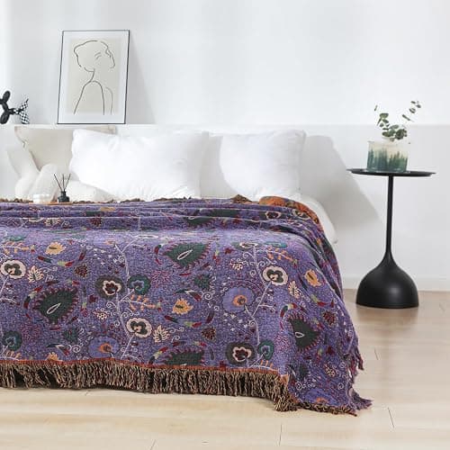 Boho Throw Blanket for Bed 100% Cotton Ultra Soft Rustic Quilt Farmhouse Decor Bed Fall Blanket,All Season Rustic Throw for Sofa Couch Chair (Flower-Purple, 60"×80") thumbnail 2