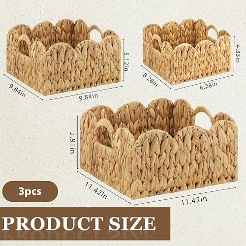 GVKGVK 3 Pack Scalloped Edge Basket Hand Woven Wicker Storage Baskets Rattan Baskets with Handles for Organizing and Storage thumbnail 3