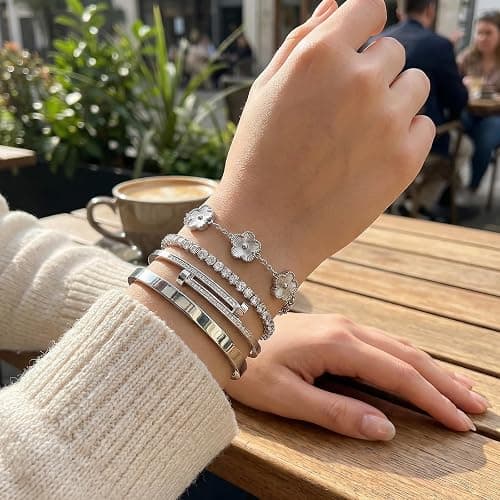 Camhanno Silver Bracelets for Women-4Pcs 18K Gold Plated Love Bangle Tennis Clover Nail Bracelets Stack Set for Women Trendy Non Tarnish Stainless Steel Gold Bangles Accessories Designer Jewelry thumbnail 4