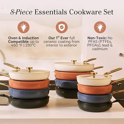Our Place 8-Piece Essentials Complete Cookware Set - Ceramic Fry Pan Trio & Modular Rack Storage | Nontoxic Thermakind™ Nonstick, Oven Safe up to 450°F & Compatible with All Cooktops | Cream thumbnail 2