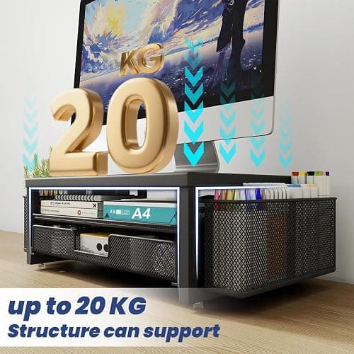 2 Tier Monitor Stand Riser with Drawer & 2 Pen Holders Storage for Desktop, Metal Computer Desk Organizer Stand for Laptop, Computer, iMac(Black) thumbnail 8