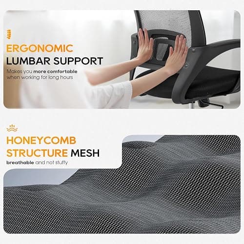 BestOffice | Ergonomic Office Chair | Mid-Back Swivel Desk Chair | Breathable Backrest & Lumbar Support | Adjustable Height | Sponge Seat | Rolling Wheels | Dark Black | for Adults & Women thumbnail 5