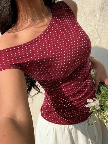 EMMIOL Off Shoulder Tops for Women Cute Sleeveless Polka Dot Shirts Ruched Sexy Going Out Tank Top Y2K Clothes thumbnail 5