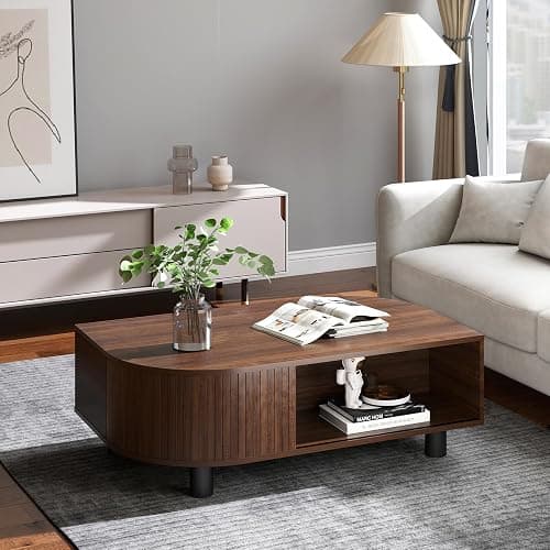 sunmiler Mid-Century Modern 39.4" Coffee Table - Leaf-Shaped Wood Center Table with Storage, Retro Fluted Central Table with Sliding Door & Large Hidden Compartment, for Living Room, Office, Walnut - Walnut thumbnail 9